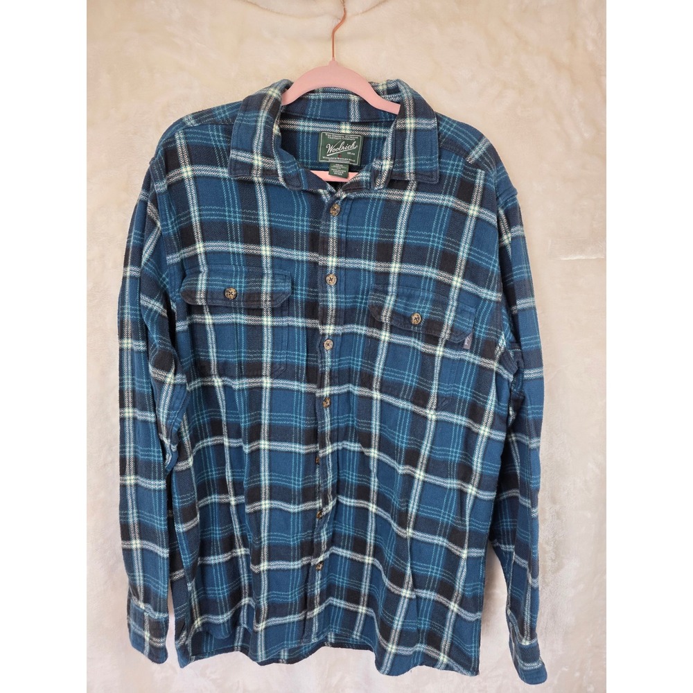 Woolrich Mens Blue Plaid Flannel Shirt Long Sleeve Button Down Cotton Large L/G